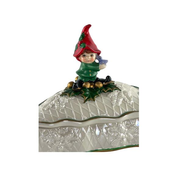 Vintage Hand Painted Cracker Barrel Christmas Tree Candy Trinket Dish With Pixie - Picture 9 of 16